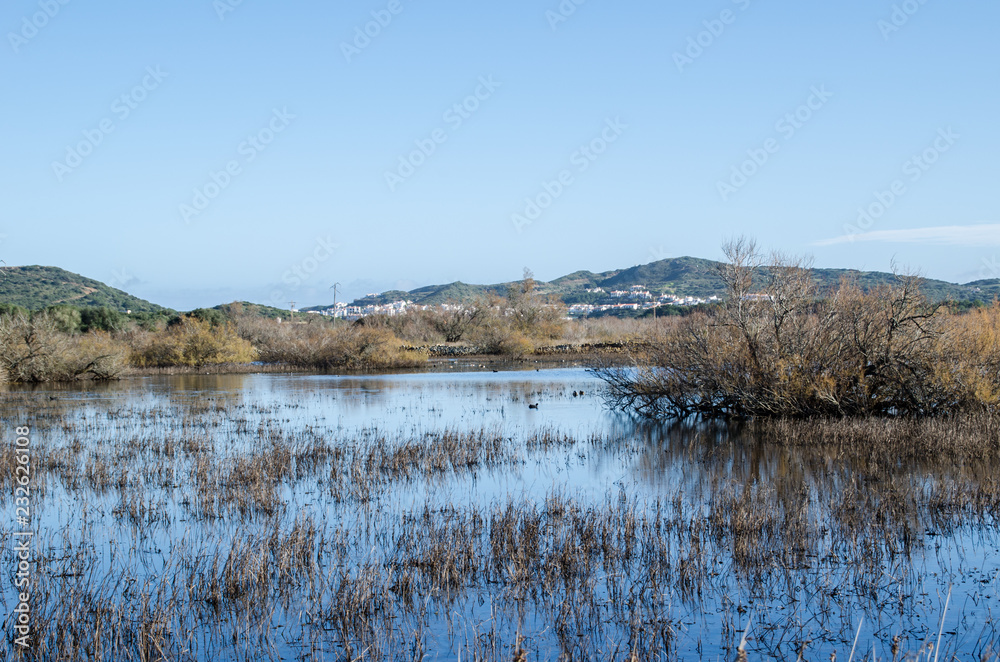 Landscape photography of a lake with a village of Menorca in the background.