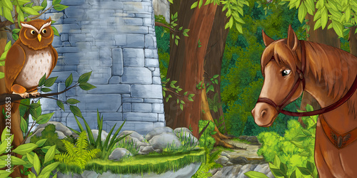 cartoon scene some stone tower in the deep forest horse standing and looking - illustration for children