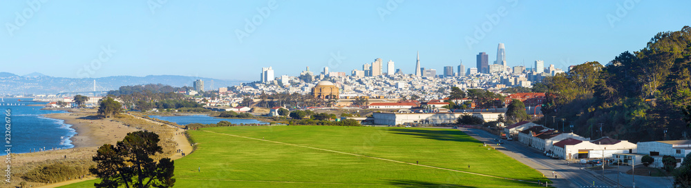 Panorama view Crissy Field and San Francisco the downtown skyline in the background, California, USA