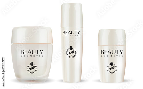 Glass or glossy plastic cream gar with closed lid, tonic bottle and solid deodorant set. Cosmetics mock up illustration for commercial needs. HQ EPS10 vector.