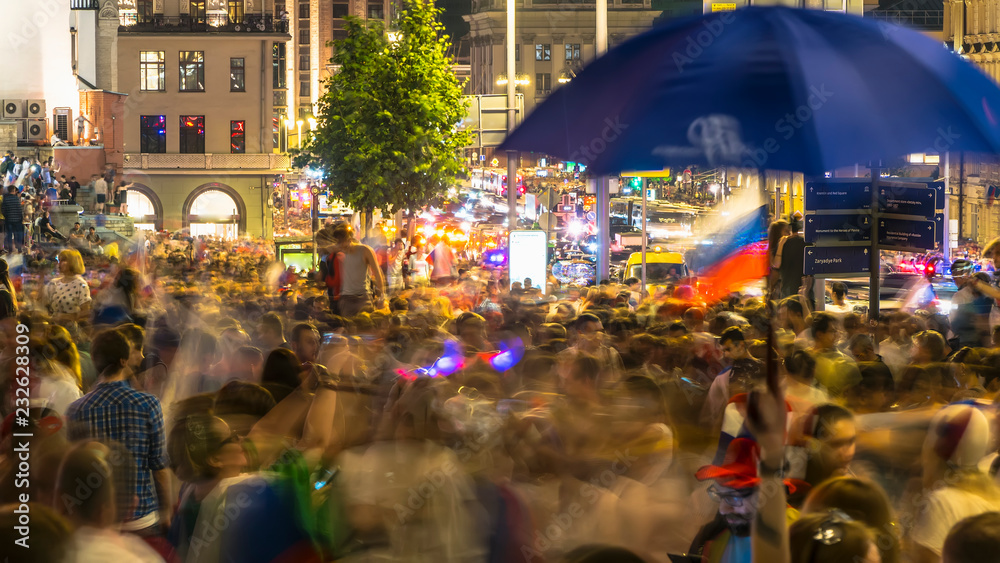 Russian football fans celebrate the victory of their team on the streets of the city
