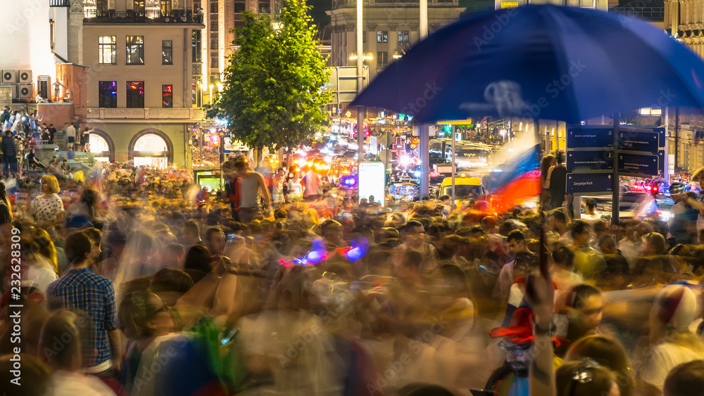 Naklejka premium Russian football fans celebrate the victory of their team on the streets of the city
