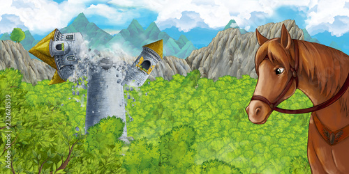 Fototapeta Naklejka Na Ścianę i Meble -  Cartoon scene of collapsing medieval tower with horse standing and looking - illustration for children