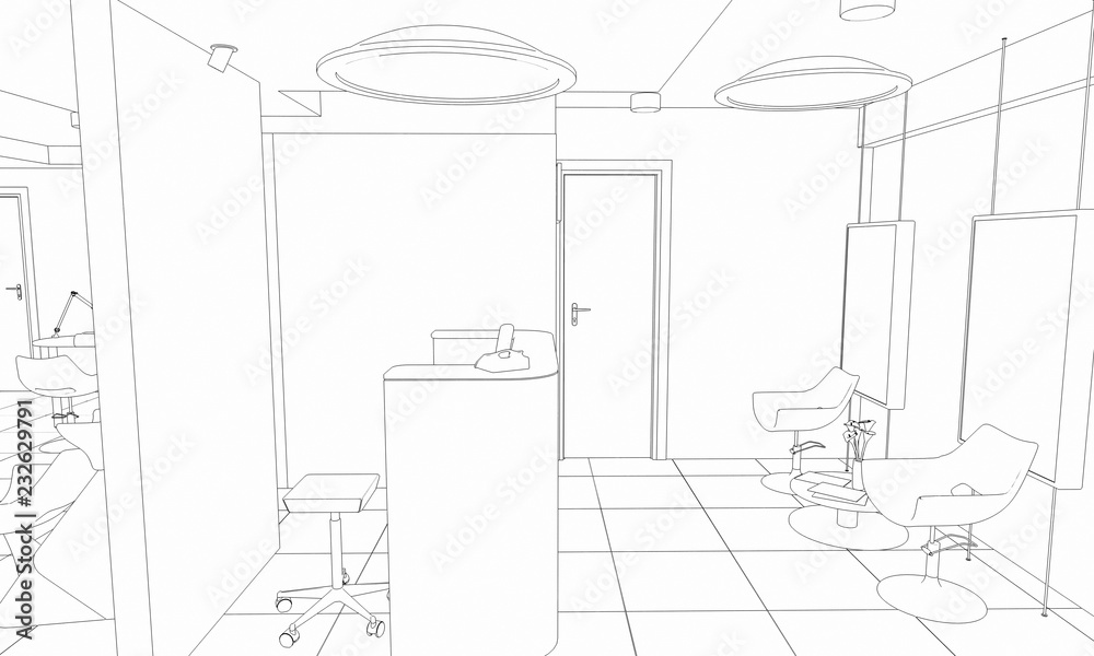 interior beauty salon contour visualization, 3D illustration, sketch, outline interior beauty salon contour visualization, 3D illustration, sketch, outline