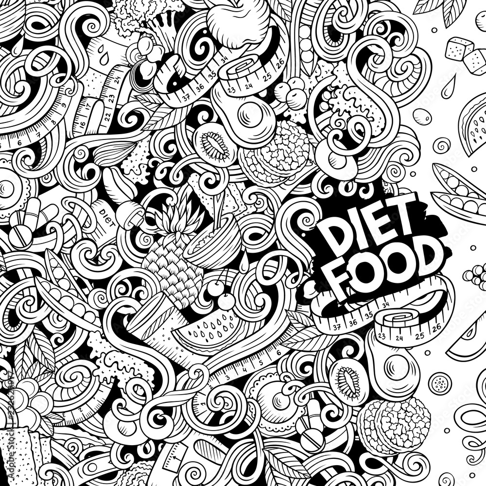 Obraz premium Cartoon vector doodles diet food frame. Line art dietary funny border