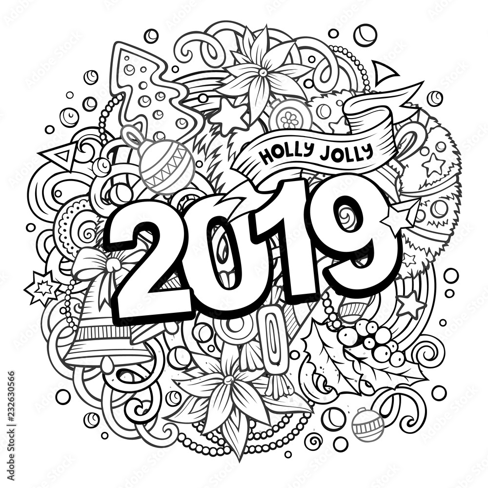 2019 doodles illustration. New Year objects and elements poster design