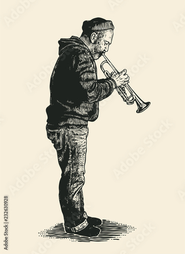A street musician plays on the trumpet. Hand Drawn Character. Engraving Style. Vector Illustration