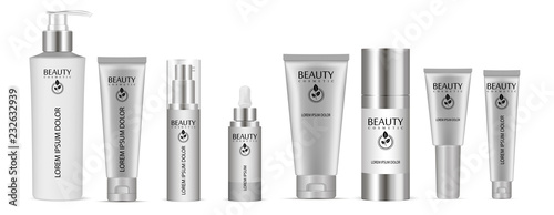 Set of vector cosmetic bottle blank templates, plastic containers: bottles with spray, dispenser and dropper, cream tube. Realistic 3d mock-up of cosmetics package.