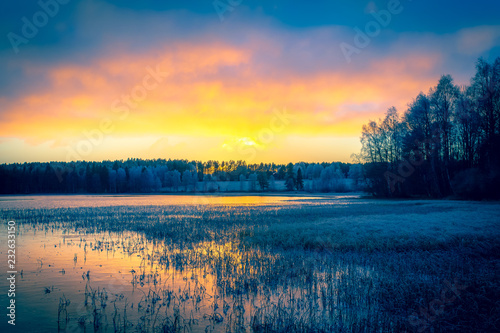 Frozen lake at sunset. Photo from Kajaani, Finland.
