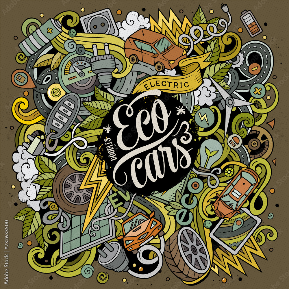 Cartoon color vector doodles Electric cars illustration