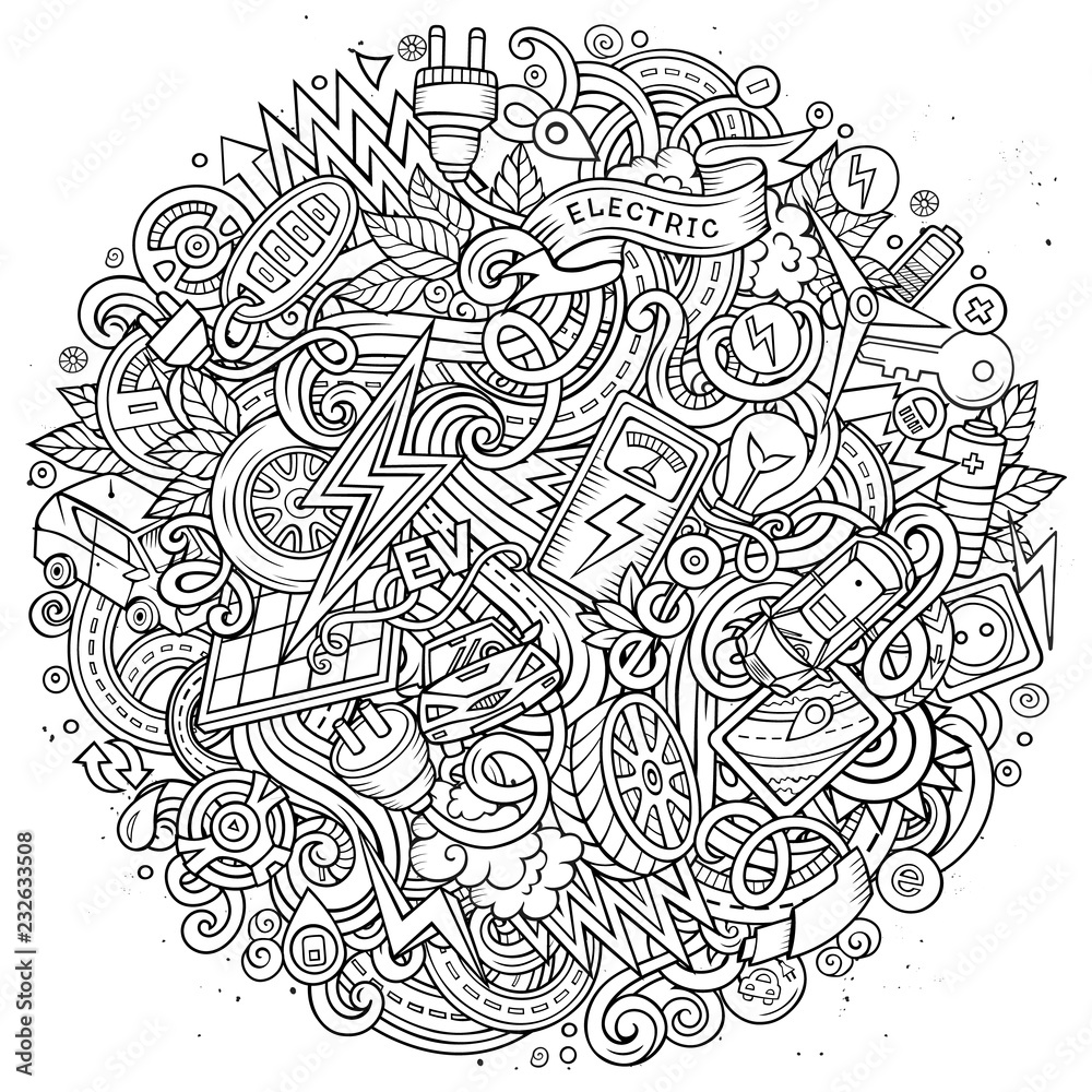 Cartoon contour vector doodles Electric cars illustration