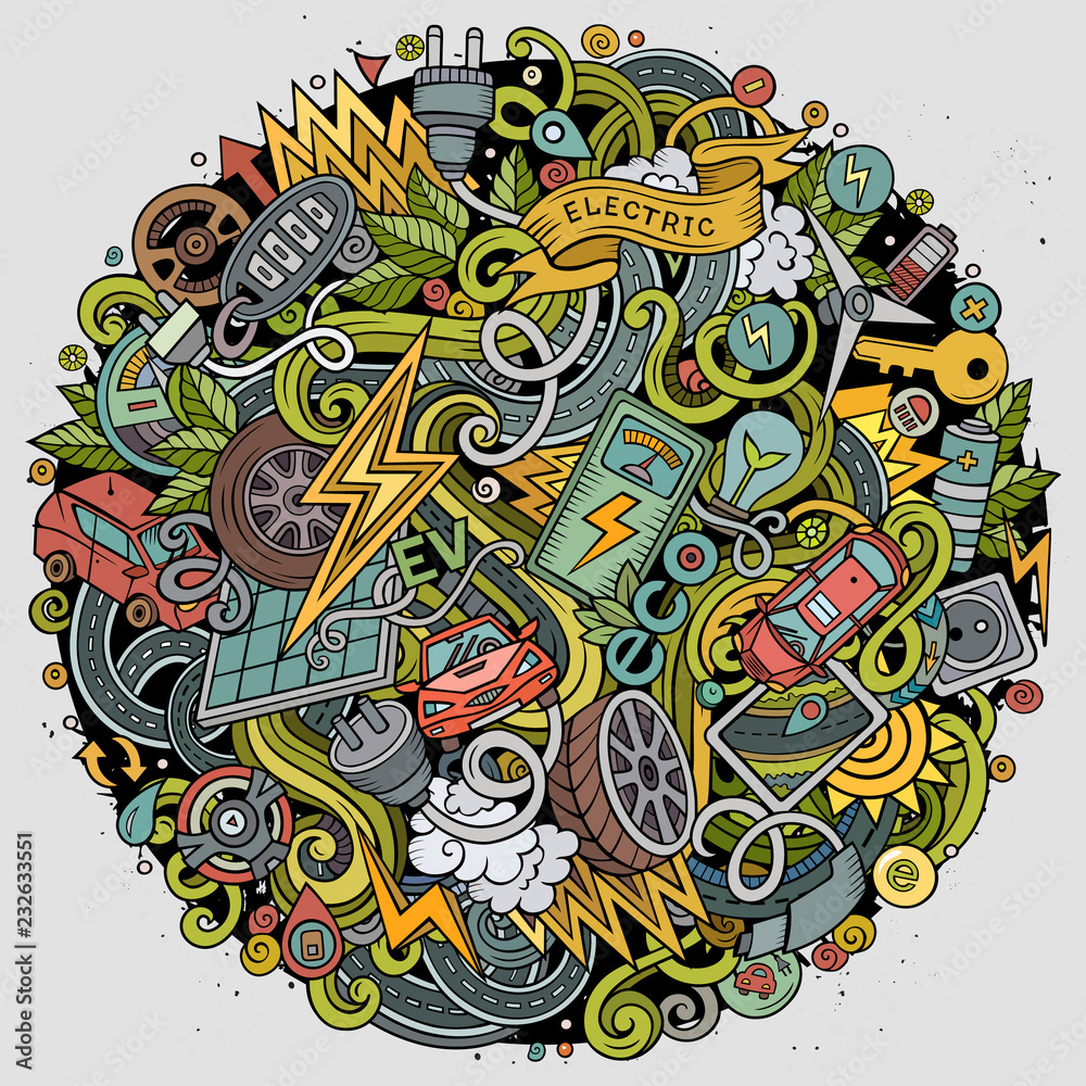 Obraz premium Cartoon color vector doodles Electric cars illustration