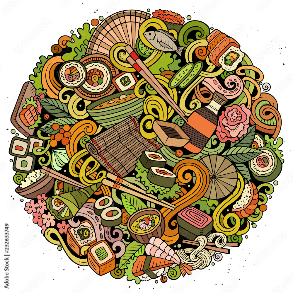 Cartoon color vector doodles Japan food illustration