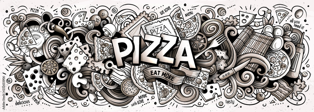Cartoon cute doodles Pizza word. Line art horizontal illustration.