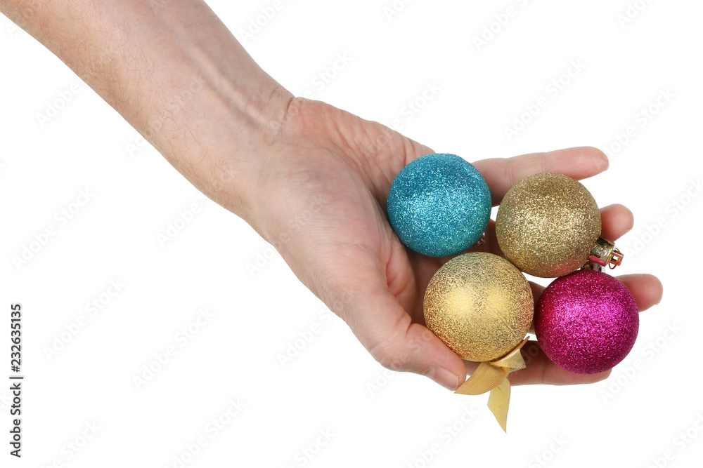 Grandfather holds in his hand shiny balls to decorate the Christmas tree. Isolated Grandfather holds in his hand shiny balls to decorate the Christmas tree. Isolated