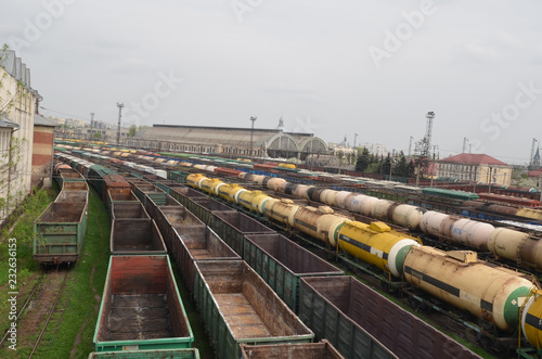 Commodity Railway Station. Top view of a Freight wagons. Transportation and Industrial concept