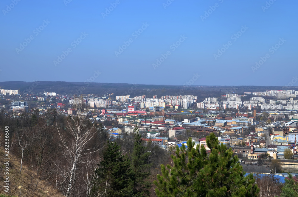 Cityscape of Lviv, Ukraine. Top view from Lysa (Lion) hill. Spring panorama