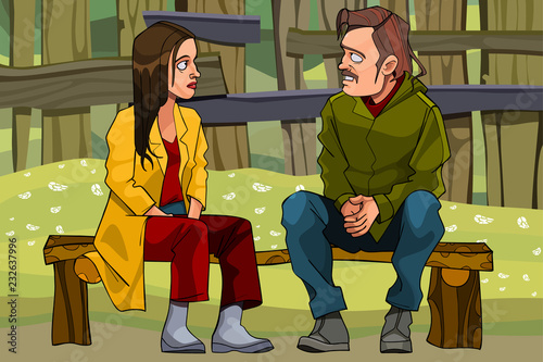 cartoon man and woman find out the relationship sitting on a bench