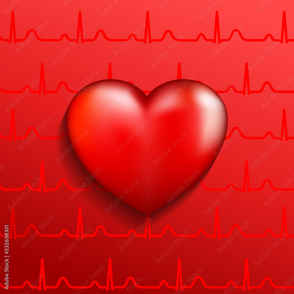 Poster with red realistic 3D heart on red background with cardiograms. Concept for World Heart Day. Vector illustration.