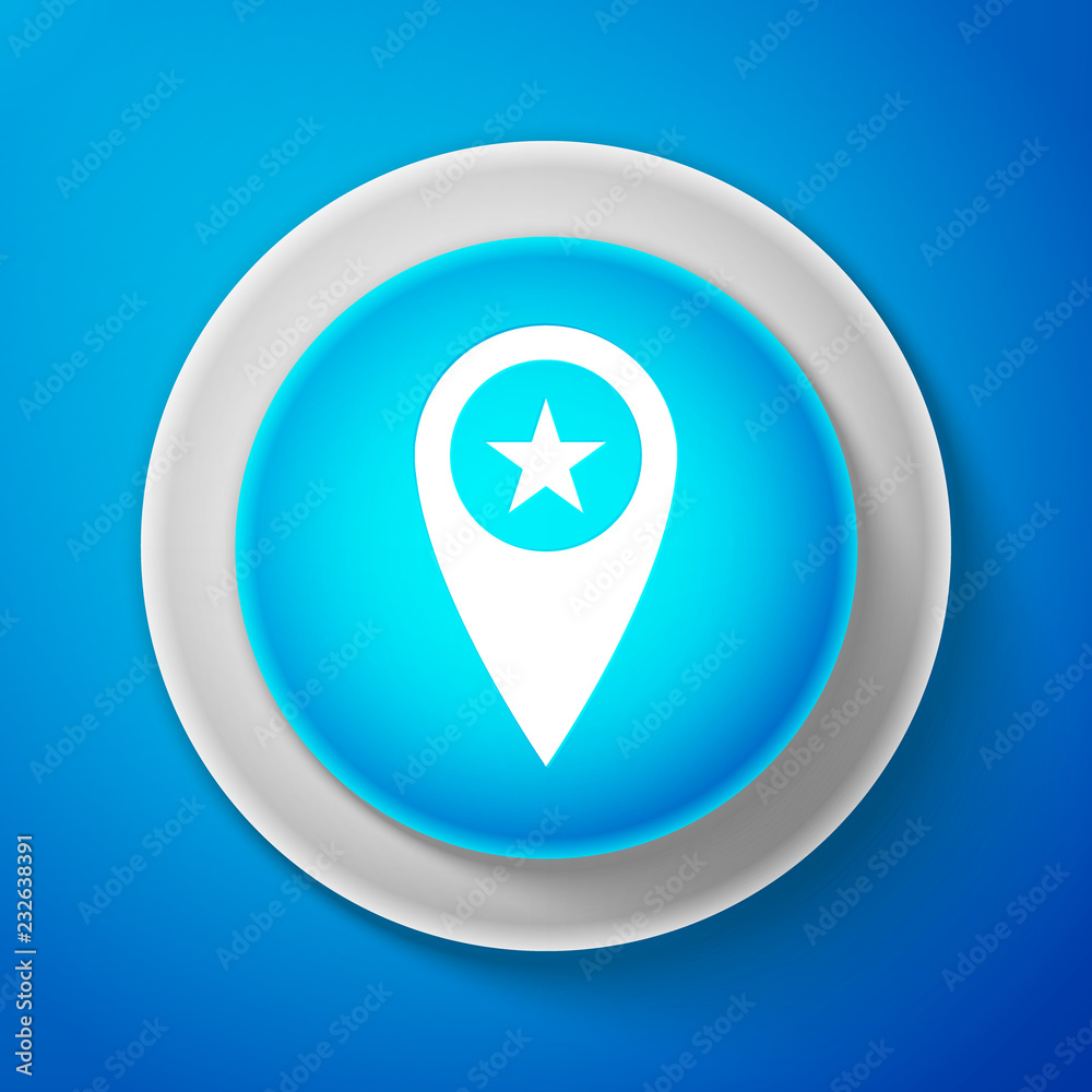 White Map pointer with star icon isolated on blue background. Star favorite pin map icon. Map markers. Circle blue button with white line. Vector Illustration