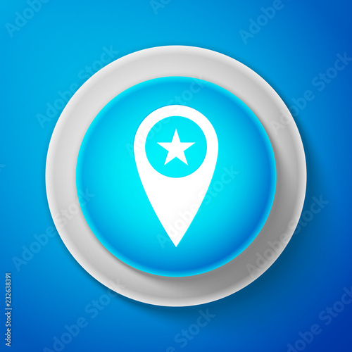 Free Download White Map pointer with star icon isolated on blue background. Star favorite pin map icon. Map markers. Circle blue button with white line. Vector Illustration - GFXLoad