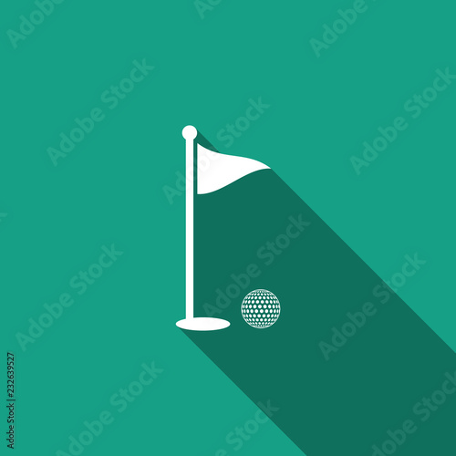 7422206 Golf ball and hole with flag icon isolated with long shadow. Golf course. Ball and flagstick in hole. Sport concept. Flat design. Vector Illustration