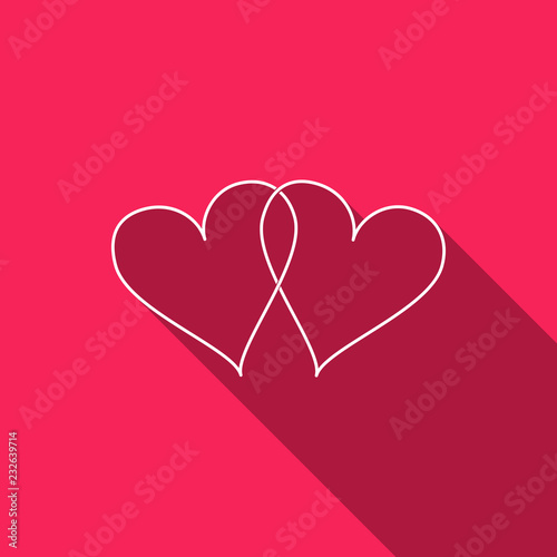 Two Linked Hearts icon isolated with long shadow. Heart two love sign. Romantic symbol linked  join  passion and wedding. Valentine day symbol. Flat design. Vector Illustration