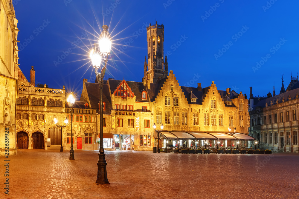 Fototapeta premium Scenic night cityscape with a medieval tower Belfort and Burg Square in Old Town of Bruges, Belgium