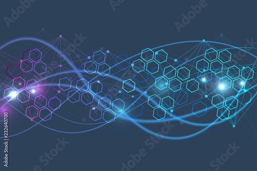 Structure molecule and communication. Dna, atom, neurons. Scientific concept for your design. Connected lines with dots. Medical, technology, chemistry, science background. Vector illustration.