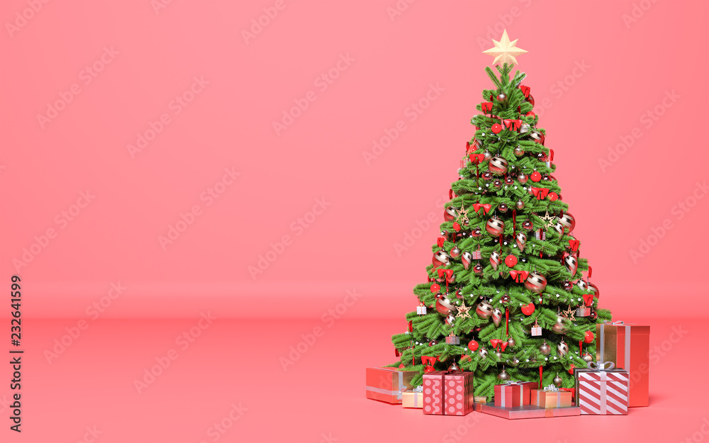 Christmas tree with gifts in room. 3d render illustration. Copy space. New Year, holiday. Christmas tree with gifts in room. 3d render illustration. Copy space. New Year, holiday.