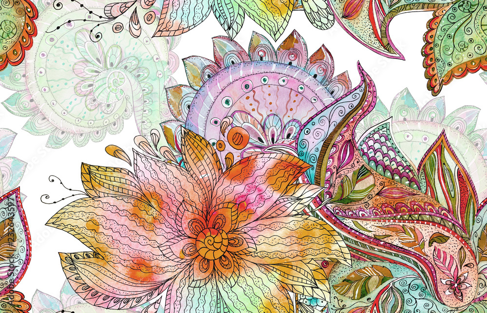 Fototapeta premium seamless batik pattern with fancy blossoms. watercolor painting