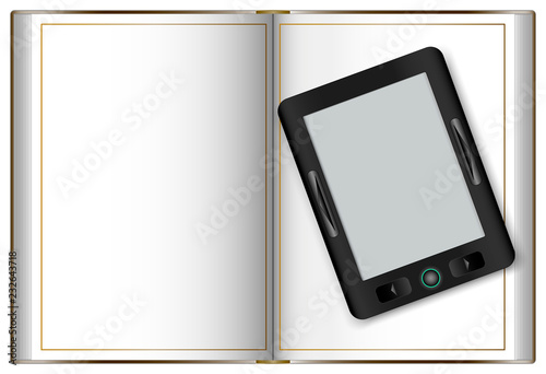 Set of electronic device for reading text and traditional paper book isolated on white background. Mockup for your design. Vector illustration.