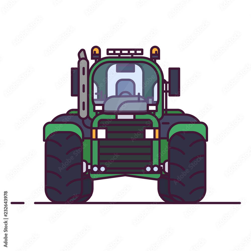 Fototapeta premium Front view of tractor for farming. Line style vector illustration. Agriculture vehicle and transport banner. Modern agricultural machinery. Farm harvest engine vehicle.
