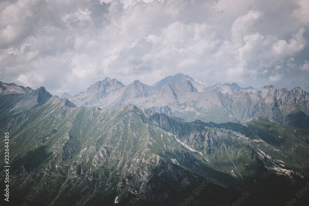 Naklejka premium Closeup view mountains scenes in national park Dombai, Caucasus, Russia, Europe