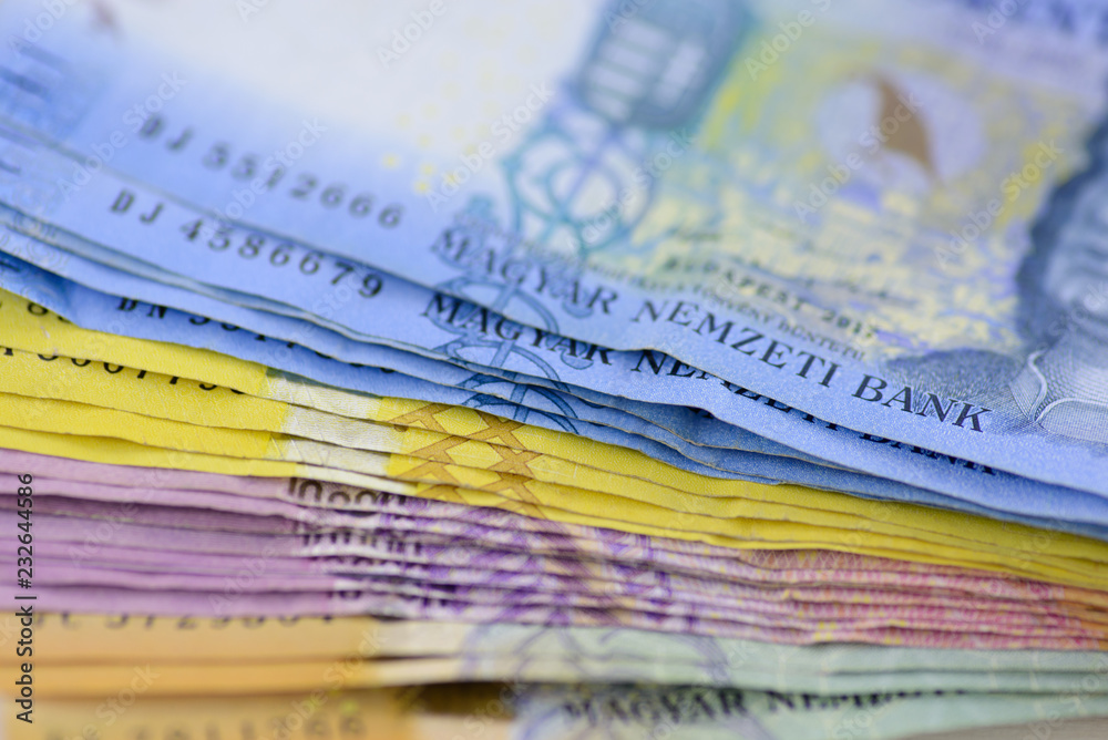 Various Hungarian banknotes stacked on each other, 1-5-10 and 20 thousand forints. Europe Hungary. Various Hungarian banknotes stacked on each other, 1-5-10 and 20 thousand forints. Europe Hungary.