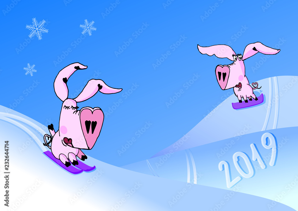 Funny cartoon pigs skiing and snowboarding. Two funny pigs with heart shaped snouts. Year of the pig vector illustration. Symbol of 2019.