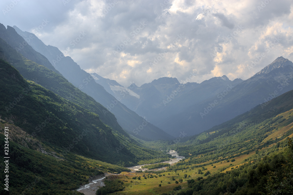 Closeup view mountains and river scenes in national park of Caucasus, Russia