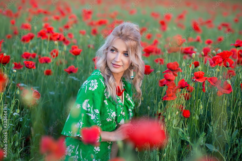 Naklejka premium A handsome girl with long hair and natural skin, standing in a fiel of red poppies and holding a red poppy in hands, on nature landscape background. Horizontal view.