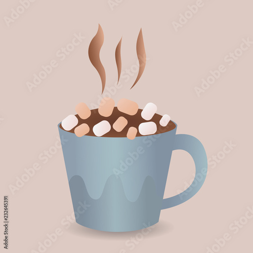 Colorful poster with blue mug of hot chocolate, marshmallow