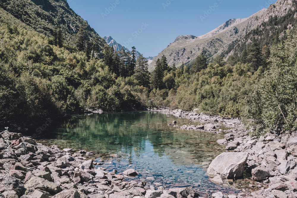 ake scenes in mountains, national park Dombai, Caucasus, Russia, Europe