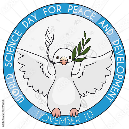 Cute Dove in Commemorative Button for Science and Peace Day, Vector Illustration