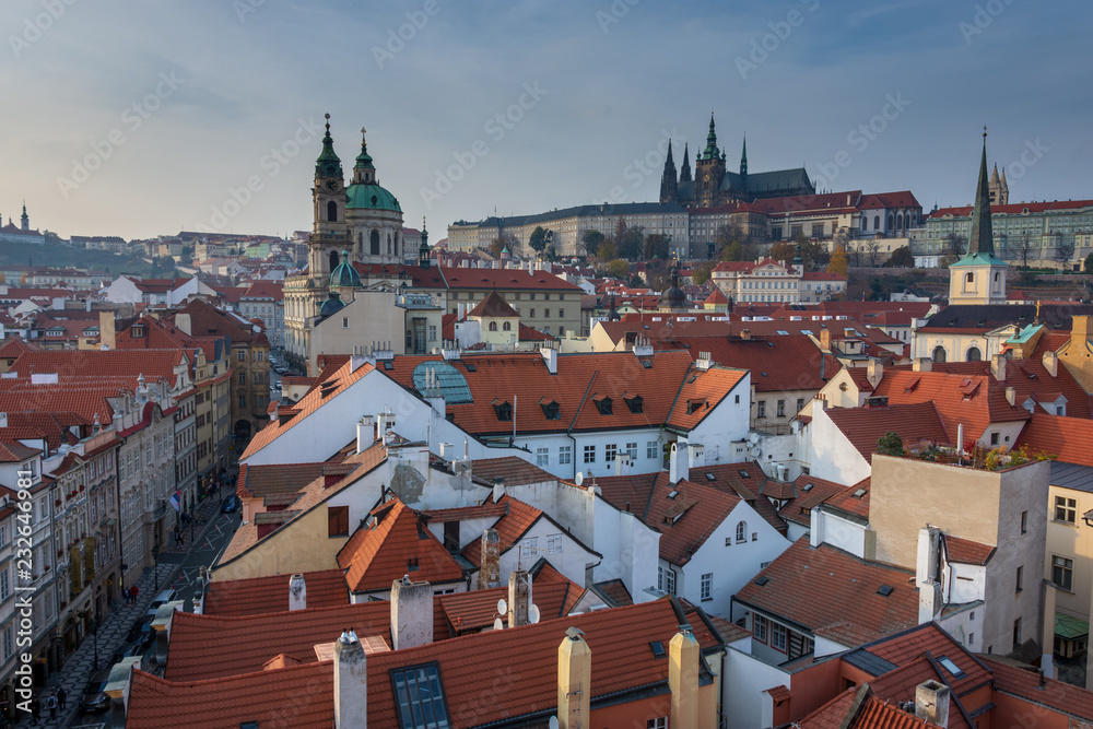 St. Nicholas's church and the castle above the roof tops of Mala Strana, Prague, Czech Republic