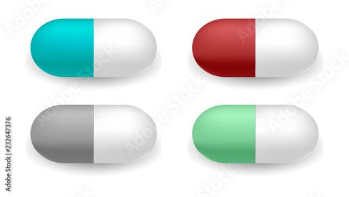 Pharmacy pills isolated on white background. Capsules with different color shell. Cure or placebo medicine products. Vector illustration. Eps10