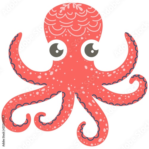 Cute illustration of octopus for nursery decor, prints and posters, doodle style illustration. Vector
