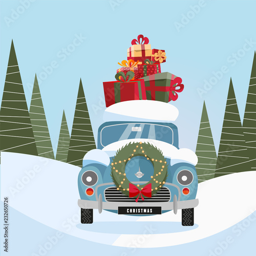 Flat vector cartoon illustration of retro car with present on the roof. Little classic red car carrying gift boxes on its rack. Vehicle's front decorated with wreath. snow-covered landscape with firs