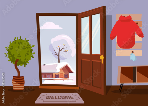 The interior of hallway in flat cartoon style with open door overlooking winter landscape with old house, tree. Inside house there is furniture - hanger with coat, stack, shelves, entrance mat, plant