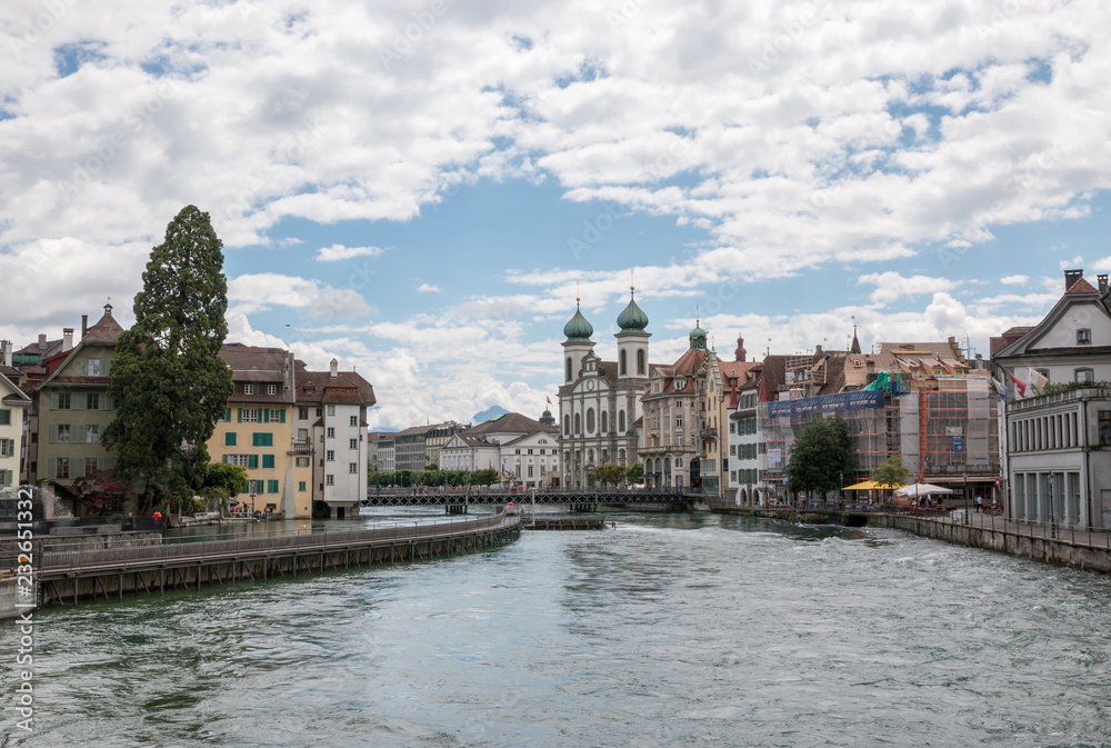 Panoramic view of city center of Lucerne and river Reuss.