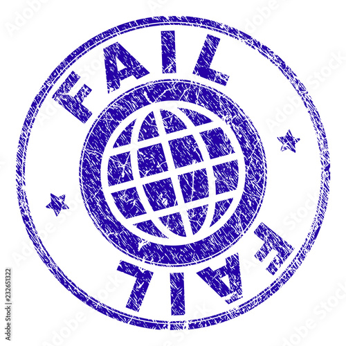 FAIL stamp imprint with distress texture. Blue vector rubber seal print of FAIL caption with grunge texture. Seal has words arranged by circle and planet symbol.