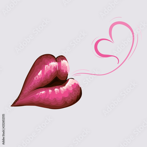 Lips in a sweet kiss. Delicate pink lips give a kiss of sweet love from the heart.