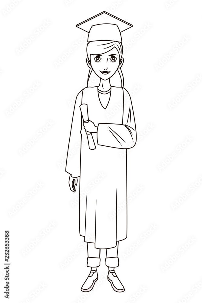 graduate young woman cartoon in black and white